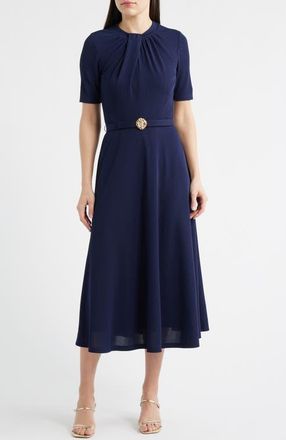 Anne Klein Twist Neck Belted Midi Dress in Deep Navy at Nordstrom, Size 10