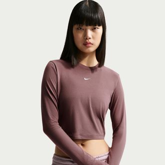 Nike Womens Nike Sportswear Chill Knit Slim Long-Sleeve Cropped Top in Purple | HF5322-503