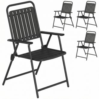OUTSUNNY Juego De 4 Sillas De Jard&iacute;n Exterior Plegables Con Reposabrazos, Respaldo Y Asiento De Pp, Marco Met&aacute;lico, 55x63x93 Cm, Negro