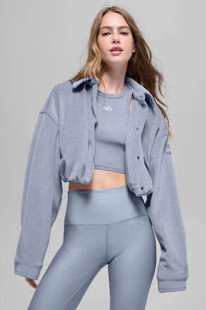 Alo | Ribbed Velour Cropped Mountain Side Jacket in Winter Frost Blue, Size: Medium