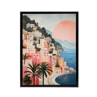Artery8 Amalfi Sunrise Italy Coastal Cityscape Framed Canvas Wall Art Print in Blue | Size: W24 x H32
