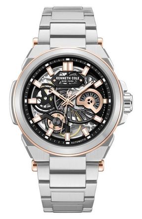 Kenneth Cole Skeleton Black Automatic Bracelet Watch, 42mm in Silver at Nordstrom