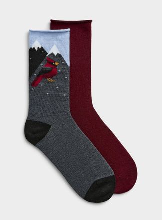 Simons Womens Animal/solid fine merino socks 2-pack Christmas Collection