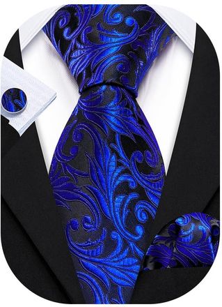 Barry.Wang Royal Blue Floral Tie Mens Silk Necktie Handkerchief Cufflinks Set Wedding Prom Business