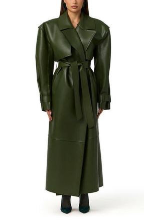 Naked Wardrobe Faux Leather Trench Coat in Dark Olive at Nordstrom, Size X-Large