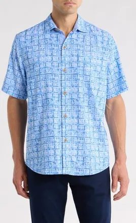 Tommy Bahama Coastal Ease Carrico Tiles IslandZone Short Sleeve Button-Up Shirt in Dusty Icicle at Nordstrom, Size Xxx-Large