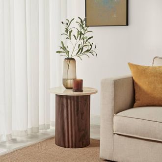 Furniturebox Penrose Round Walnut & Cream Marble Effect Side Table