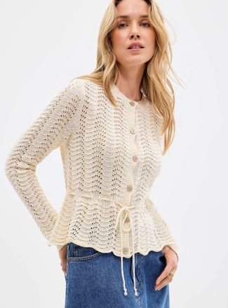 Contemporaine Womens Openwork peplum Cardigan Sweater with tie detail Exclusive collection from Italy