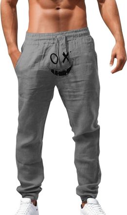 Generic Mens Trousers Mens Casual Linen Pants Loose Fit Elastic Drawstring Waist Straight-Legs Summer Yoga Beach Long Pants (Grey, L)