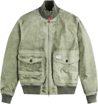 Fay Washed Green Cotton Canvas Bomber Jacket With Ribbed Knit Details