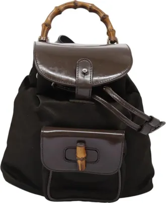 Gucci Vintage Bamboo Backpack Nylon And Patent Leather Brown Nylon Backpack Bag (Pre-Owned)