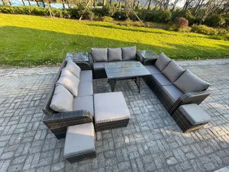 Fimous Rattan Garden Furniture Set 12 Seater Patio Outdoor Lounge Sofa Set with 2 Side Tables Rectangular Dining Table 3 Footstools in Dark Grey