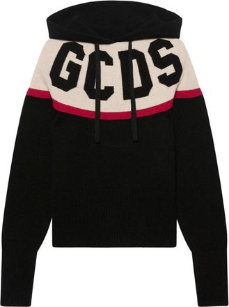 GCDS Logo Knit Cropped Hoodie - Dames - Hoodies - Zwart - S - Wol - Hoodies & sweatvesten