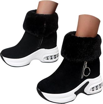 Generic Furry Ankle Boots for Women with Air Cushion Faux Fur Lining Winter Warm Sneakers Round Toe Slip On Thick Sole Non Slip Snow Shoes with Side Zipper Su