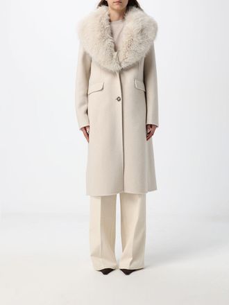 Hanita Cappotto lungo monopetto in misto lana con collo in pelliccia