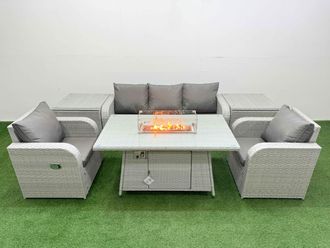 Fimous PE Rattan Garden Furniture Set Reclining Chair Sofa Lounge Sofa Set Firepit Dining Table 2 Side Table Light Grey