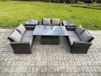 Fimous 6 pieces Outdoor Lounge Sofa Set Wicker PE Rattan Garden Furniture Set with Rising Lifting Table Double Seat Sofa 2 Side Tables in Dark Grey