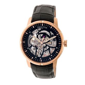 Heritor Ryder Skeleton Leather-Band Watch in Black/rose Gold at Nordstrom