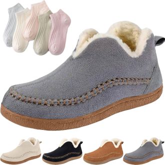 Generic Womens Cozy Fleece-Lined Slip-On Ankle Boots, Winter Anti-Slip Suede Short Snow Shoe, Flats Loafers Walking Shoes (Gray, Adult, Women, 3.5, Numeric, U