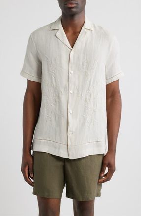 Nordstrom Embroidered Linen Camp Shirt in Grey Nola Embroidery at Nordstrom, Size Xx-Large
