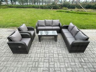Fimous Patio Garden Furniture Sets Wicker 8 Seater Outdoor Rattan Furniture Sofa Sets with Rectangular Coffee Table Reclining Chair in Dark Grey