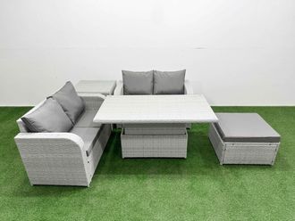 Fimous 5 Seater Outdoor Love Sofa Set Rattan Garden Furniture Set with Adjustable Lifting Dining or Coffee Table Big Footstool Side Table Light Grey