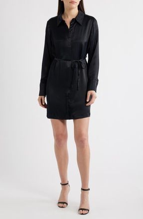 Mavi Tie Waist Long Sleeve Satin Shirtdress in Black at Nordstrom, Size X-Small