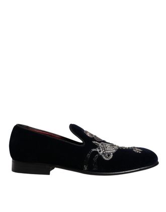 Dolce & Gabbana Zwarte Fluwelen Bloemige Pistol Loafers Heren Schoenen