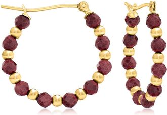 Ross-Simons Ruby Bead Hoop Earrings in 14kt Yellow Gold