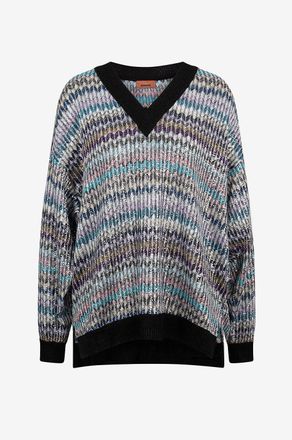 Missoni Leichter Oversize-Pullover mit V-Ausschnitt Fischgr&auml;ten und Pailletten