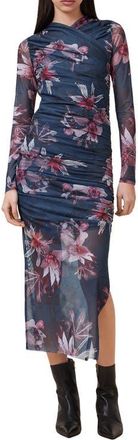 AllSaints Hanako Long Sleeve Mesh Midi Dress in Adena Deep Blue at Nordstrom, Size 4 Us