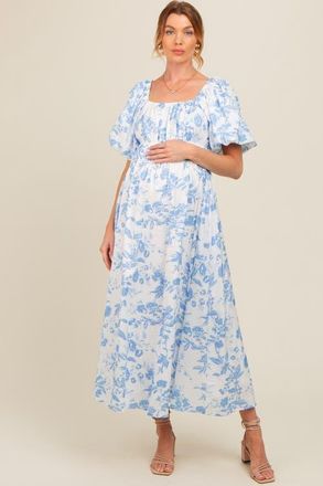 Pinkblush Floral Puff Sleeve Midi Dress in Blue at Nordstrom, Size X-Large