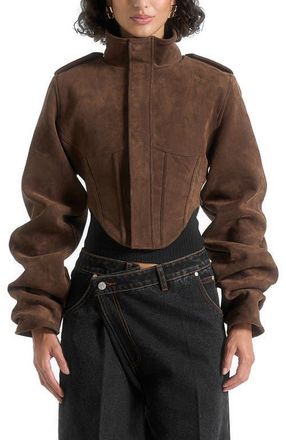 Mani&egrave;re De Voir Solange Suede Tacked Sleeve Corset Jacket in Brown at Nordstrom, Size 10