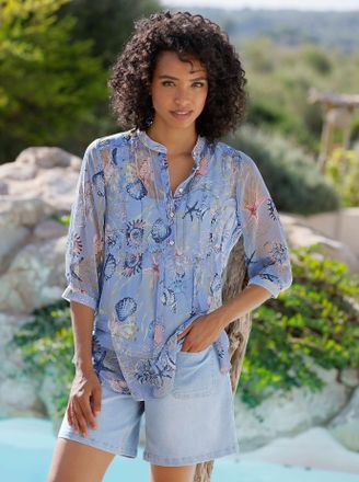 Heine Longbluse HEINE, Damen, Gr. 34, eisblau, sand, bedruckt, 100% Polyester, bedruckt, gemustert, mehrfarbig, Rundhals, Blusen Longbluse