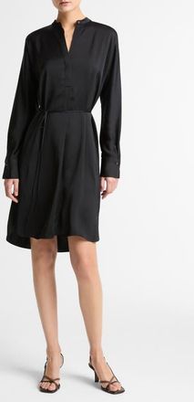 Vince Band Collar Long Sleeve Satin Dress in Black at Nordstrom, Size Xx-Small