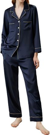 LilySilk Gold Piping Silk Pajamas Set in Navy Blue at Nordstrom, Size Medium