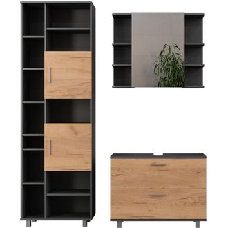 Vicco Conjunto De Muebles De Ba&ntilde;o Ilias, Oro Power Roble/antracita, 3 Partes, Con Unidad Alta, Vicco