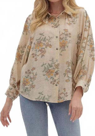 Entro Floral Long Sleeve Button Top In Beige