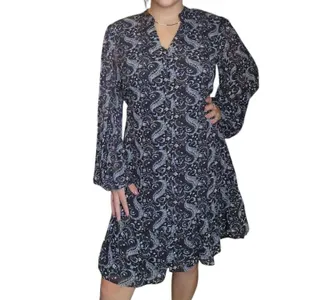 Papillon Printed Long Sleeve Dress With Tie Belt In Black