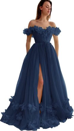 Generic A-Line/Princess Off - Shoulder Tulle Gown, Sleeveless Floral Ruffle Prom Dress Navy Blue