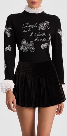 Alice & Olivia Carolann Embroidered Stretch Wool Sweater in Black/White at Nordstrom, Size Medium
