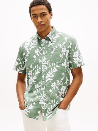 Tommy Hilfiger Mens Tropical Print Linen-Blend Shirt - Green - XXL