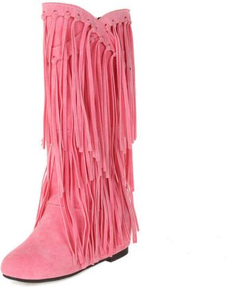 Generic Womens Round Toe Riding Boots with Flat Heel, Western Fringe Accents for Casual Wear,Pink,10 UK