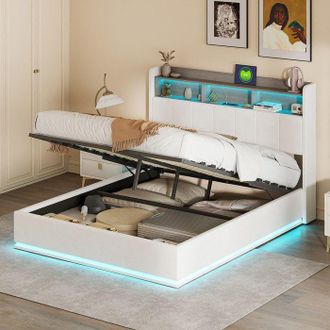OEM Cama Cofre Adulto 140x200 Cm Terciopelo Beige - Cama Doble Con Somier, Almacenamiento Hidr&aacute;ulico Y Cabecera Led, 350 Kg