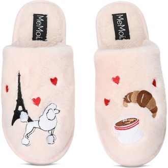 MeMoi I Love Paris Faux Fur Memory Foam Slipper in Pale Blush at Nordstrom, Size Large