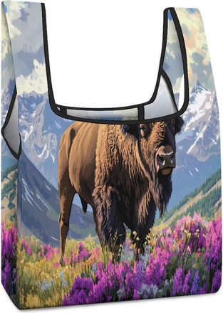 Generic Bison Snowy Mountain Flowers Reusable Shopping Bags Lightweight Foldable Grocery Bag Polyester Washable Tote Bag