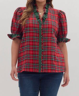 Entro Plaid Puff Sleeve Top - Plus In Red