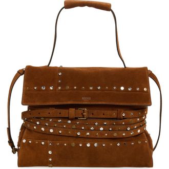 Moschino Tie Me Studded Suede Shoulder Bag in Brown at Nordstrom