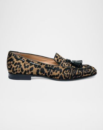 Santoni Leopard Calf Hair Tassel Loafers