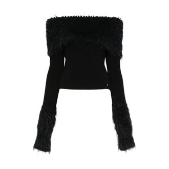 Jean Paul Gaultier Round-neck Knitwear, female, Black, Size: XS Ribbed Knit And Fuzzy Sweater